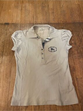 Burberry Tan Puff-Sleeve Polo with Embroidered Metallic Logo